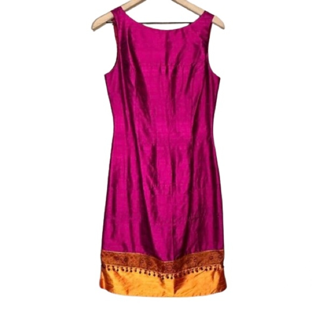 100% Silk Magenta Midi Dress with Contrasting Orange Hem
